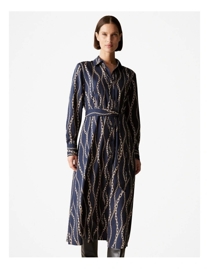 Cotton Modal Chain Print Belted Shirt Dress in Night Sky
