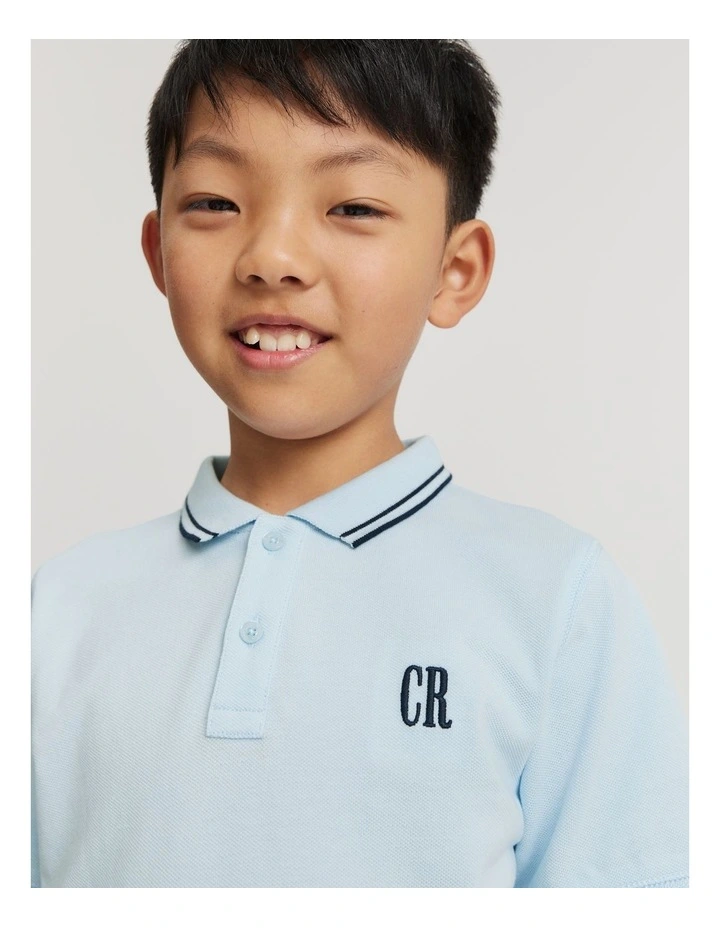 Organically Grown Cotton Logo Polo Shirt in Pale Blue