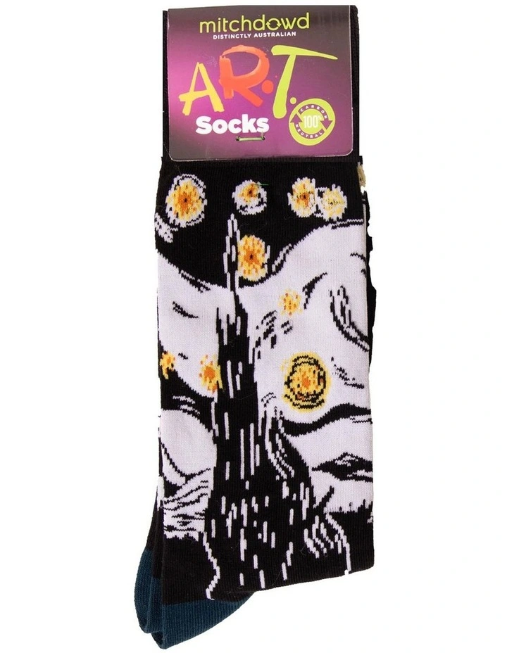 Starry Night Art Cotton Crew Sock in Black/White