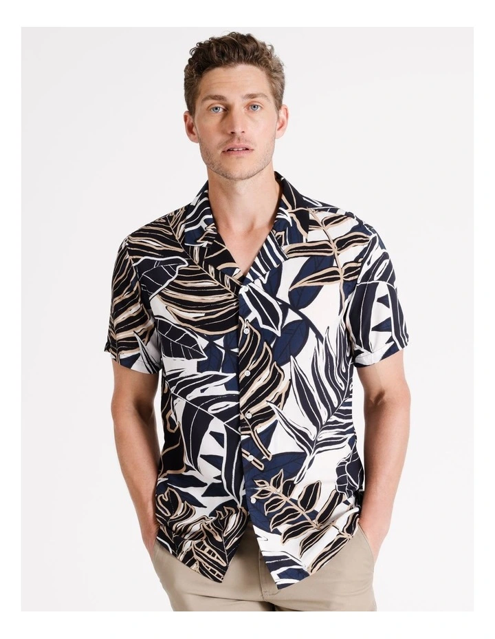 Vance Floral Print Short Sleeve Viscose Shirt in White