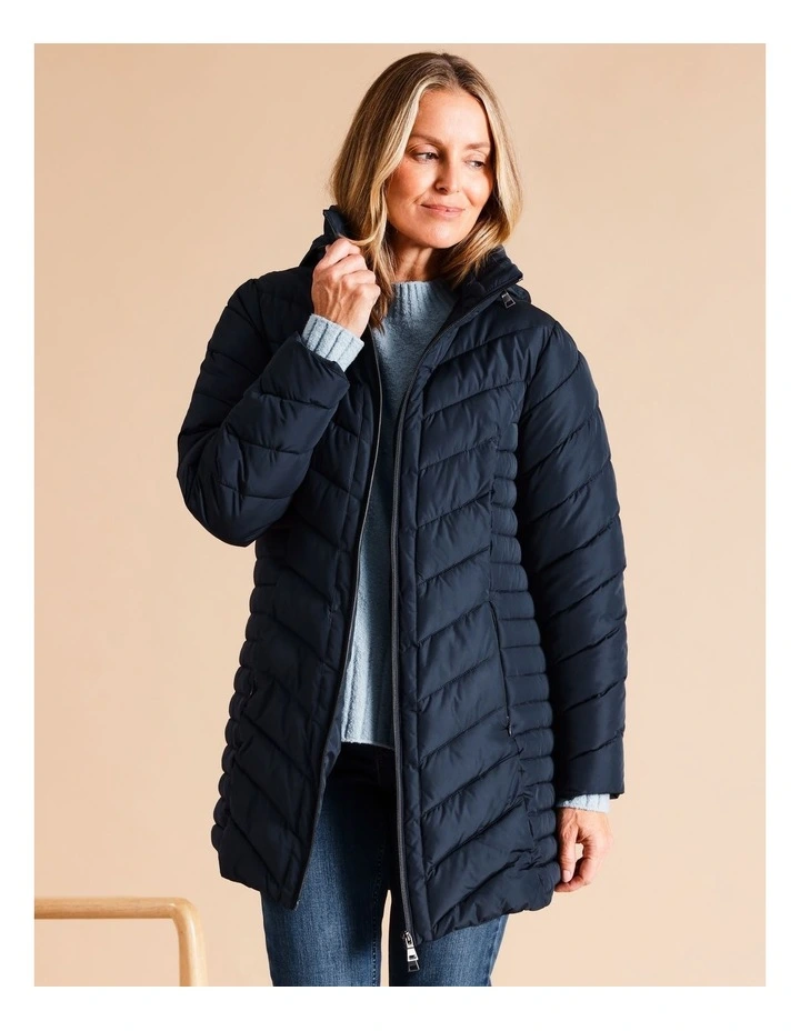 Recycled Polyester Longline Quilted Jacket With Fold Away Hood In Navy