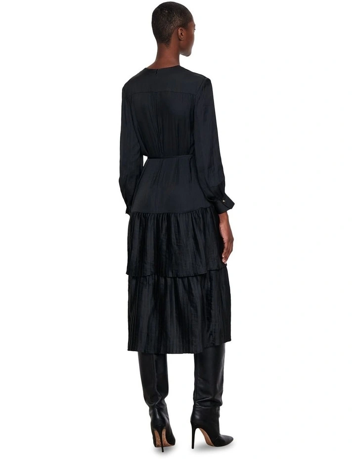 Soft Satin Pleated Midi Dress in Black