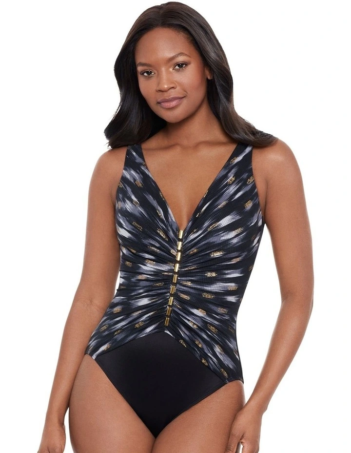 Bronze Reign Charmer V Neck Tummy Control Swimsuit in Black Multi