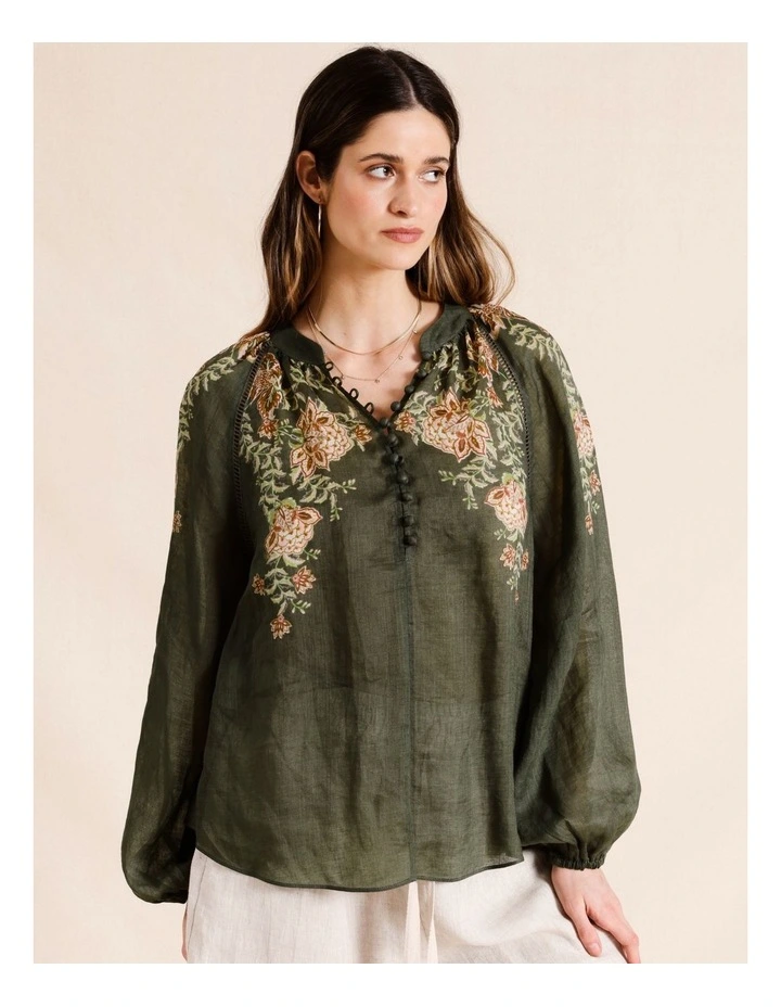 Ramie High Neck Button Blouse in Dark Green