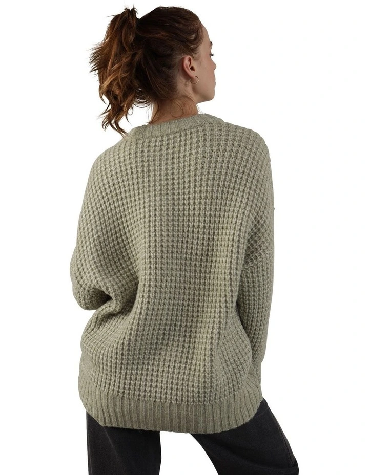 Oversized Waffle Crewneck Sweater in Olive
