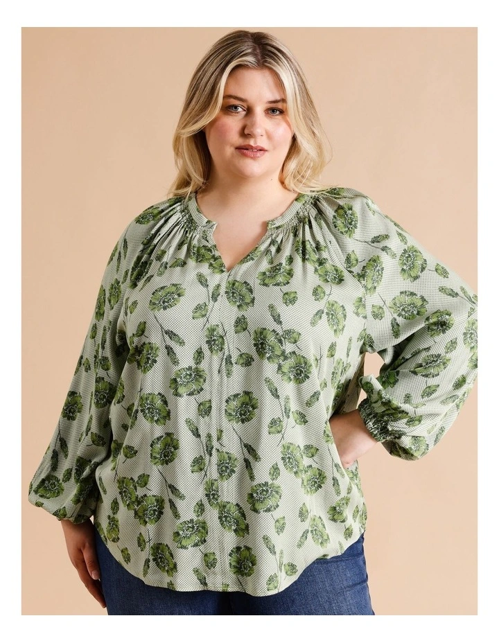 Long Sleeve Shirred Neck Top In Khaki Tonal Floral