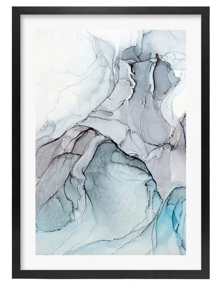 Australian Made Blue & Black Abstract Ink 1 Art Print A2 in Black Frame
