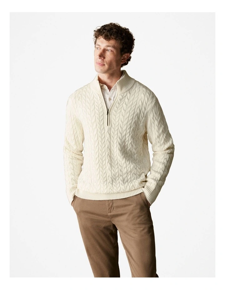 Australian Merino Cable Knit Half Zip in Parchment