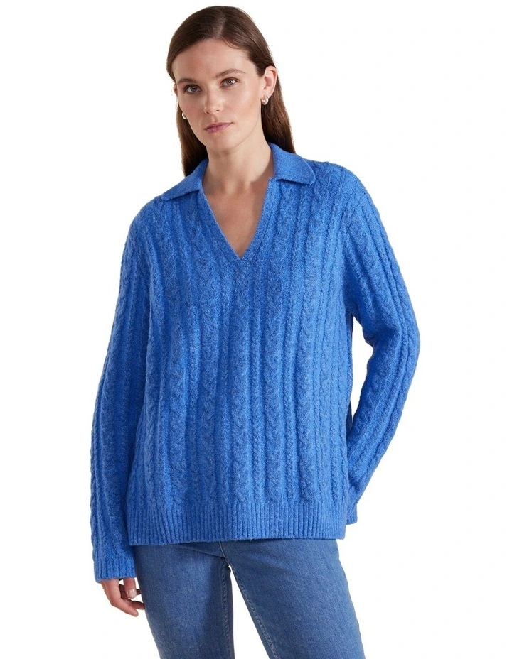 Open Collar Cable Sweater in Blue Quartz