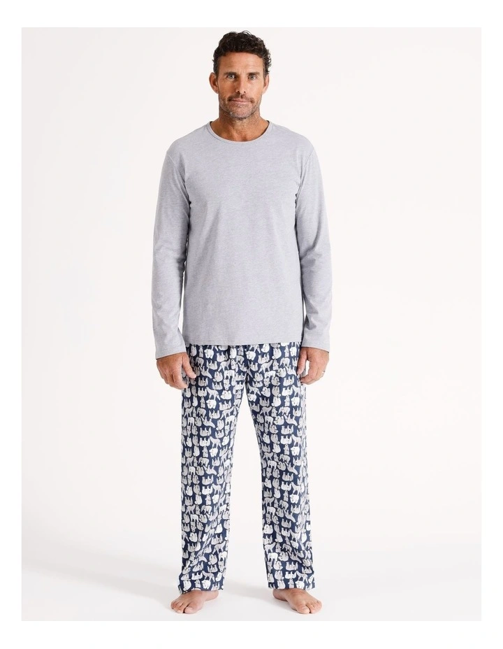 Essentials Long Sleeve Tee & Flannelette Pant PJ Set Bears in Blue/Grey Marle