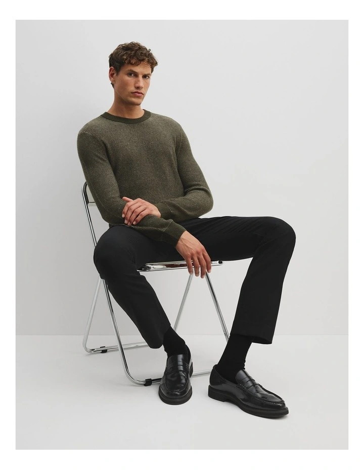 Cashmere Blend Crew Neck Knit Sweater in Khaki Green