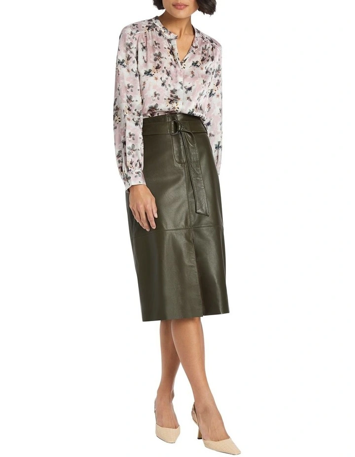 Charlise Belted Leather Skirt in Green