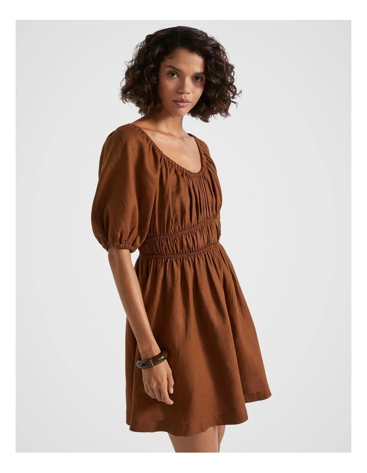 Linen Gathered Mini Dress in Spice