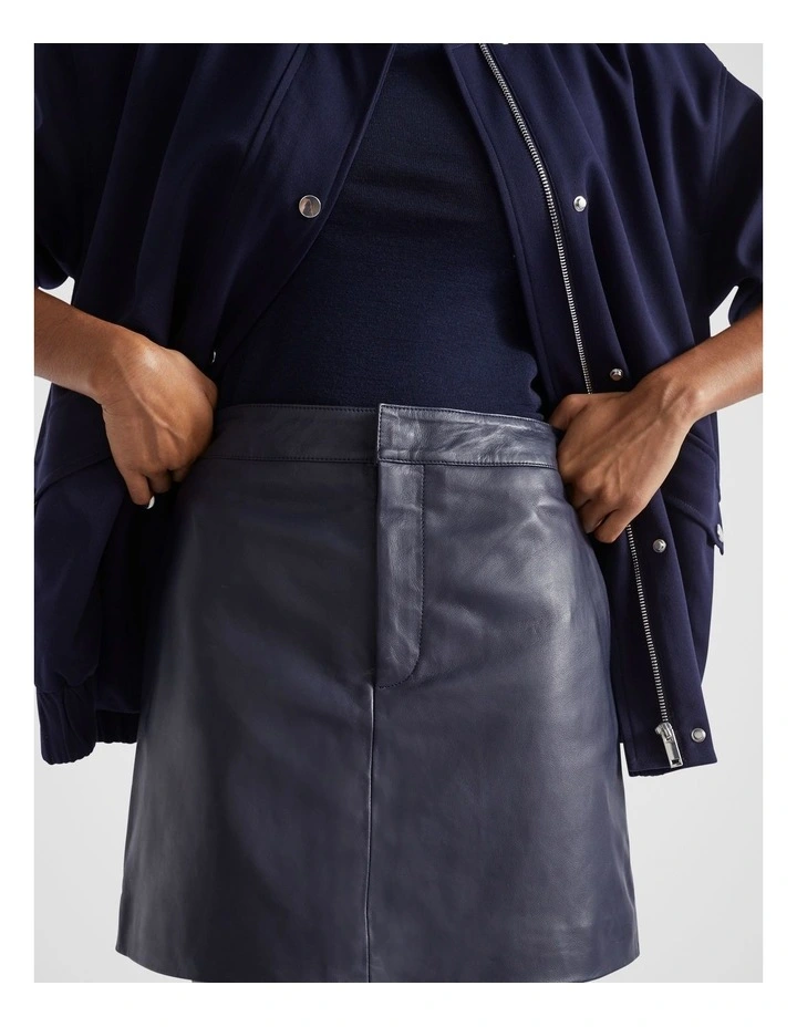 Leather Fly Front Mini Skirt in Midnight Sky
