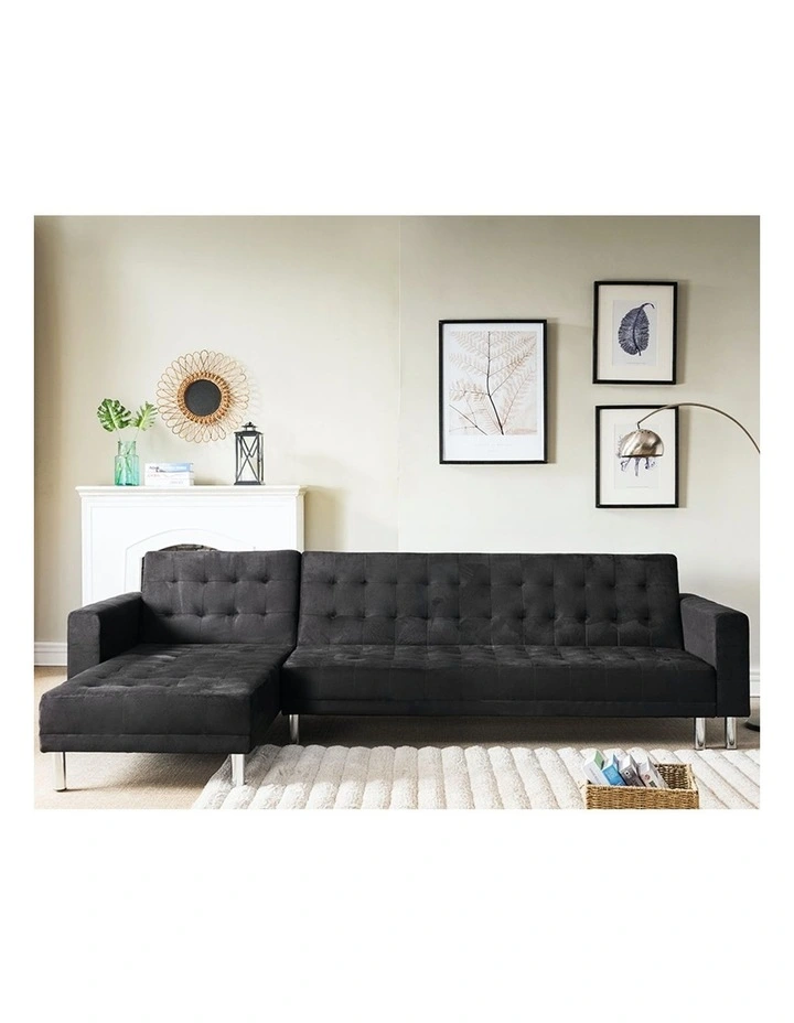 Sarantino Faux Velvet Corner Sofa Bed Couch with Chaise Black