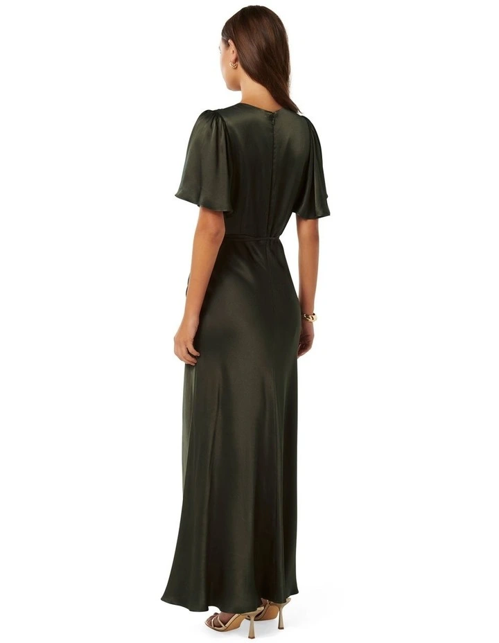 Chelsea Flutter Sleeves Satin Maxi Dress in Green