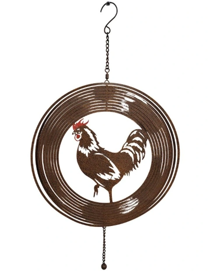 Hanging Rust Rooster Spinner With Chain in Brown