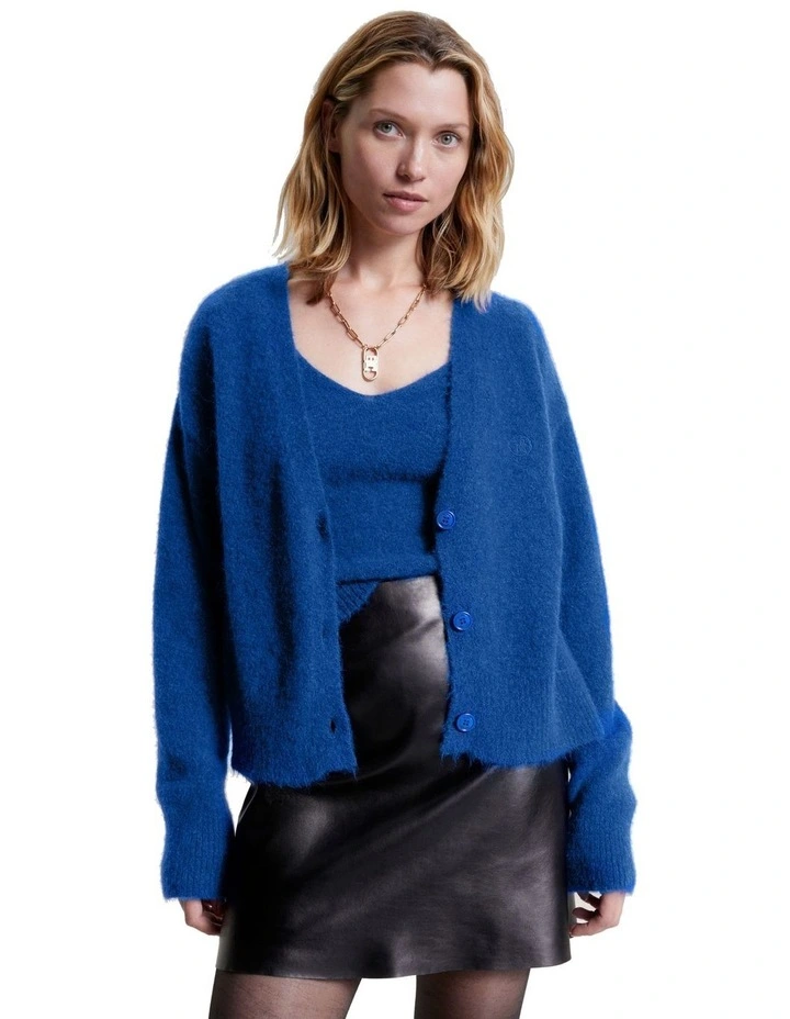 Brushed Knit V-Neck Relaxed Cardigan in Blue