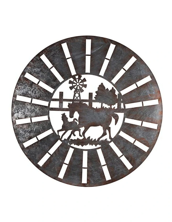 Galvanised With Rust Horses Round Laser-Cut Wall Art in Multi