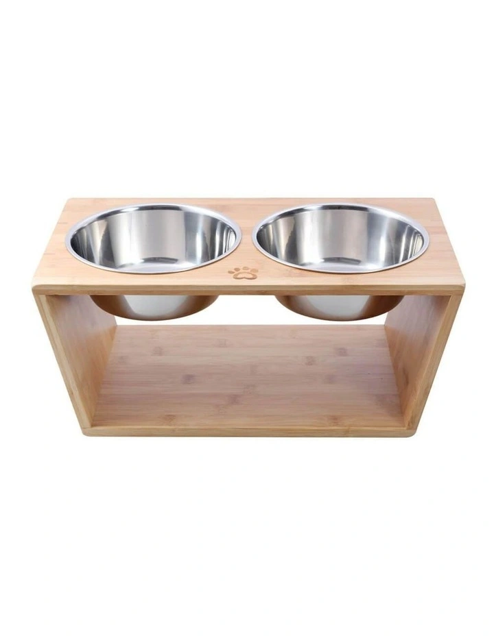 Bamboo Dog Feeder With Stainless Steel Bowls in Natural