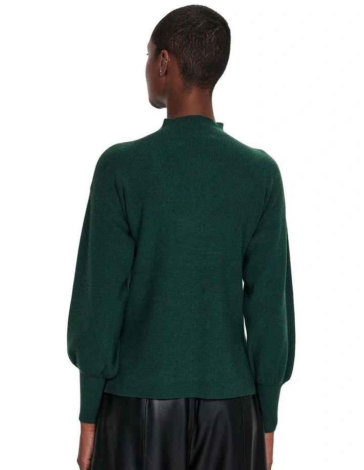 Blouson Sleeve Funnel Neck Knit Top in Forest