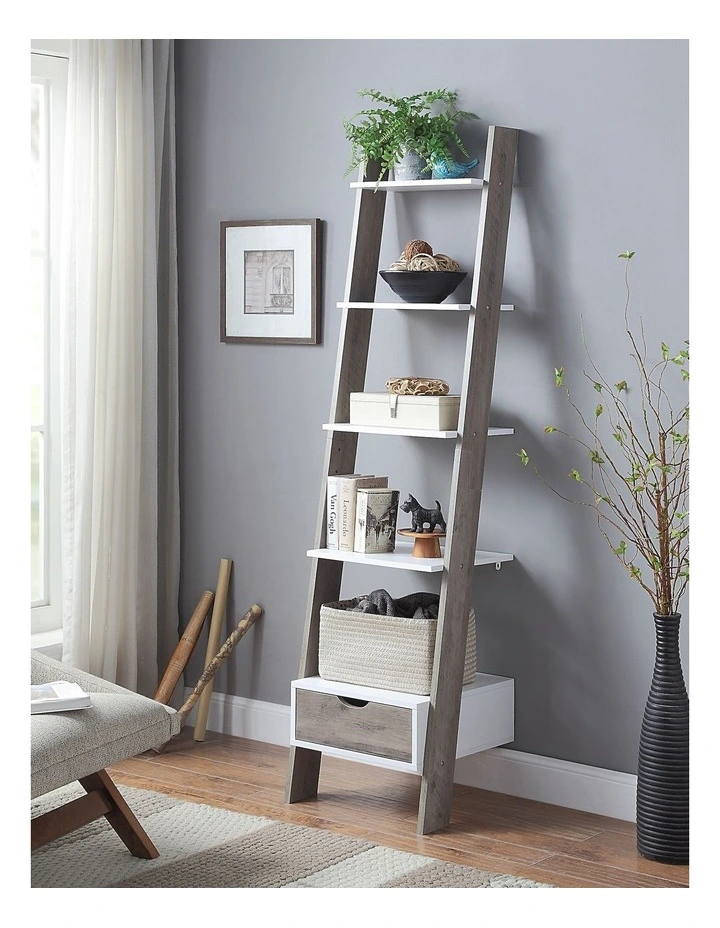 5 Shelf Ladder Shelf in White and Grey