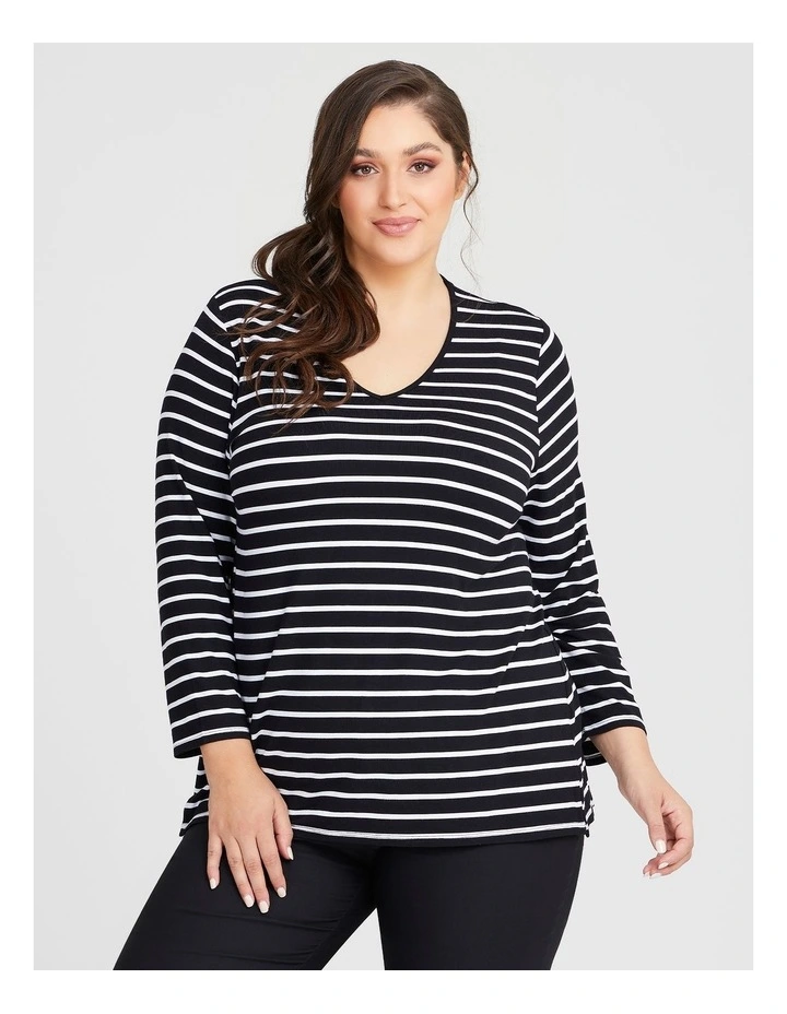Bamboo Stripe V-neck Long Sleeve Day Top in Black/White Stripe