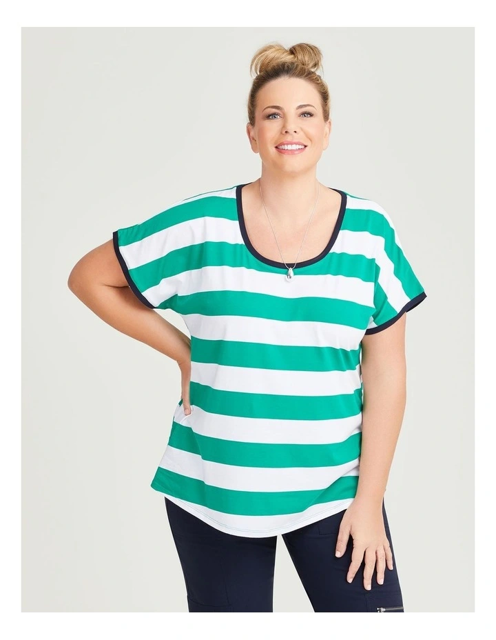 Cotton Block Stripe Top in Parakeet Green/White