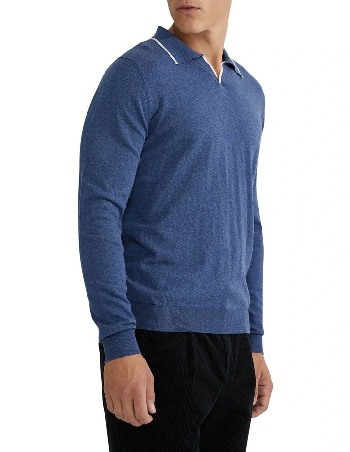 Reiss Tipping Collar Long Sleeve Knit Polo in Blue