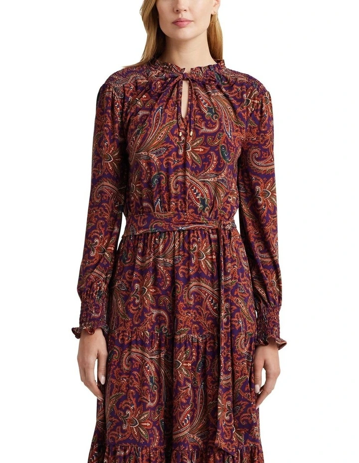 Paisley Belted Jersey Tiered Dress in Multi