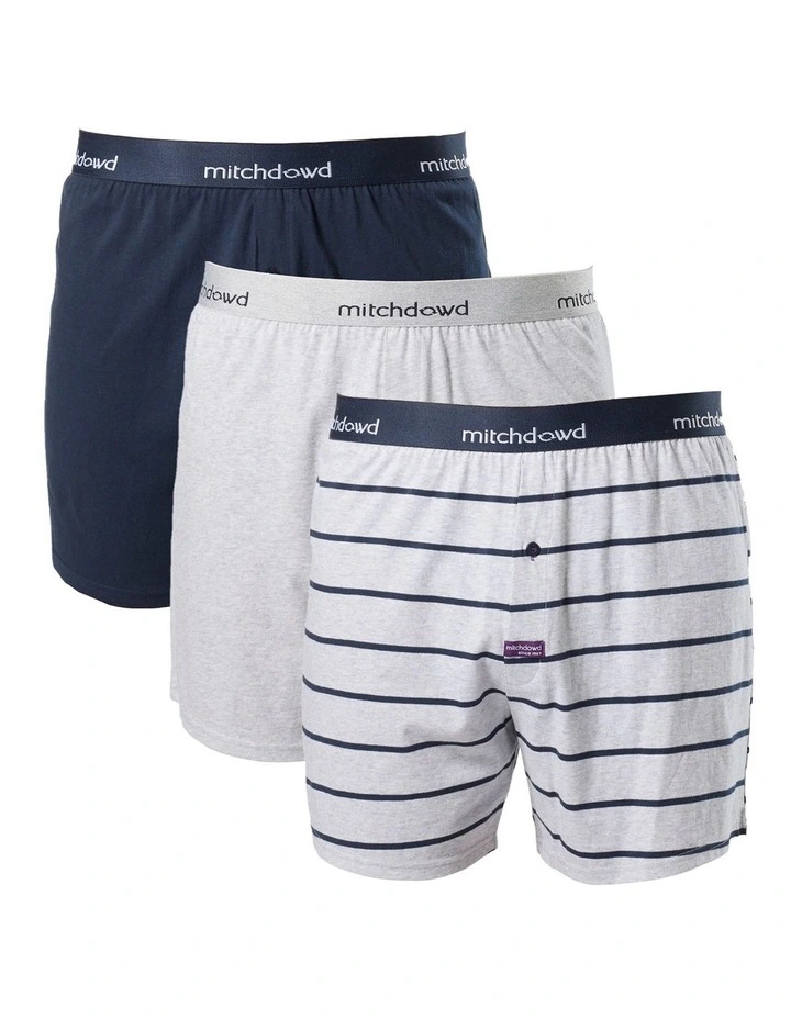 Broad Stripe Cotton Loose Fit Knit Boxer Short 3 Pack in Navy/Grey Marle