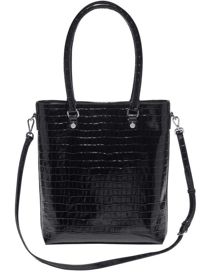 Croc Embossed Leather Tote in Black
