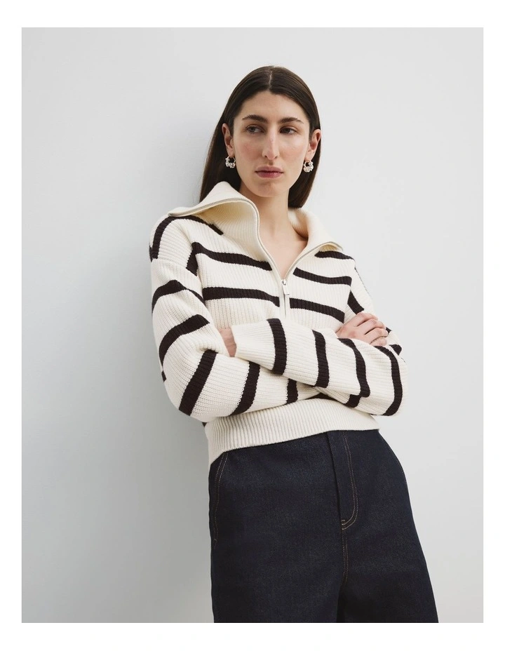 Organically Grown Cotton Blend Stripe Zip Neck Rib Knit in Navy Stripe
