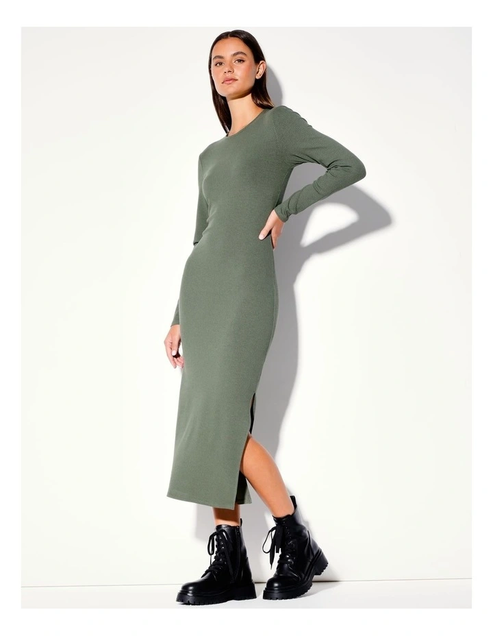 Eco Blend Long Sleeve Crew Neck Rib Midi Dress in Khaki