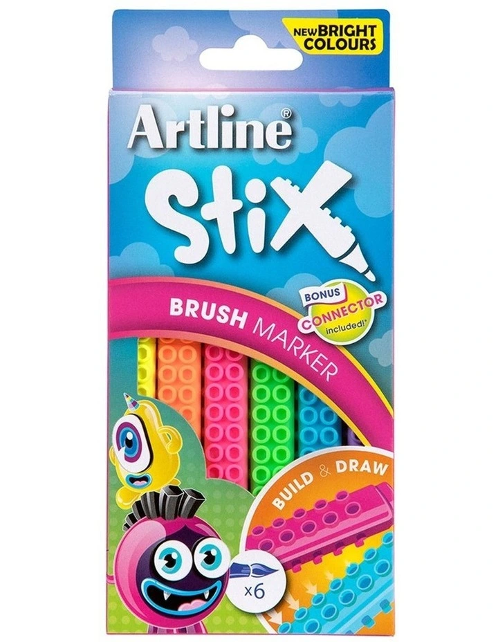 6 Pack Stix Neon Brush Markers Washable Kids Colouring Pens w/Connectors