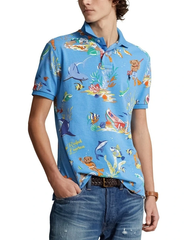 Custom Slim Fit Bear Mesh Polo Shirt in Blue