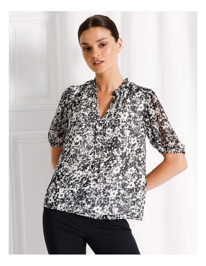 Recycled Blend Puff Sleeve Tie Neck Top in White