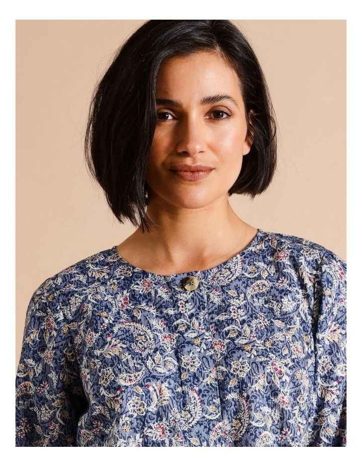 Organic Cotton 3/4 Sleeve Swing Top Button Neck in Blue Paisley Print