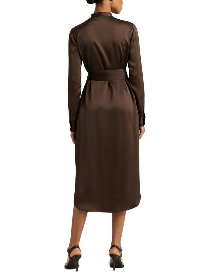 Ruffle-Trim Satin Charmeuse Shirtdress in Brown