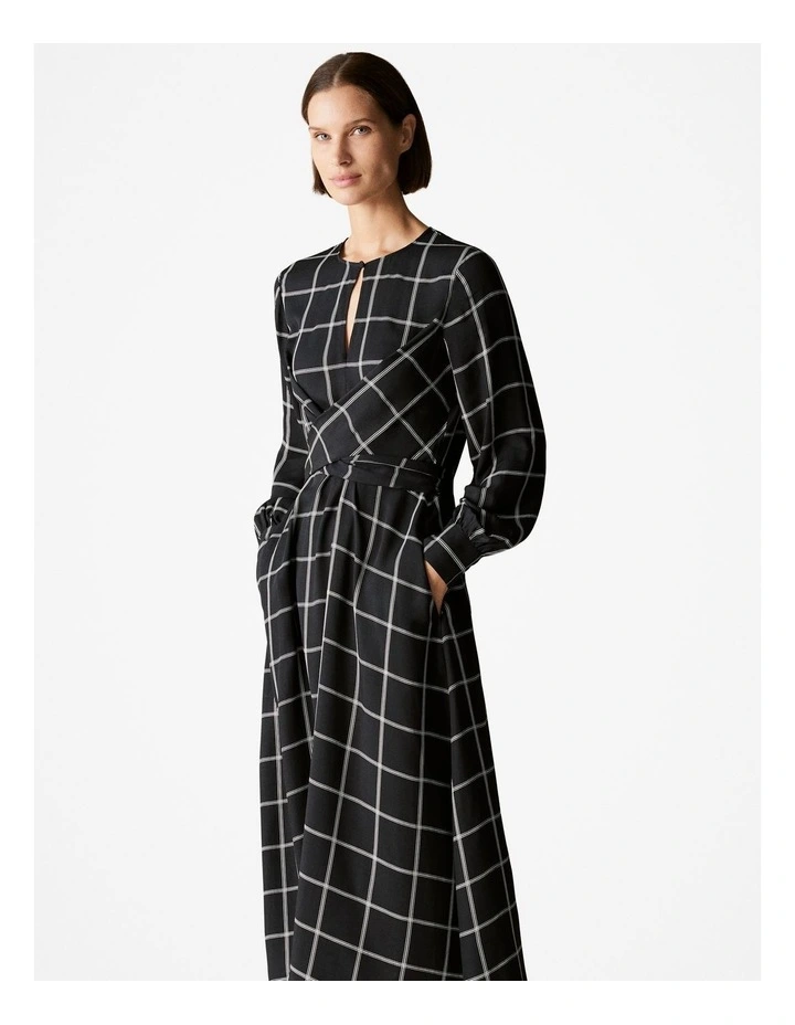 Modal Check Wrap Waist Dress in Black
