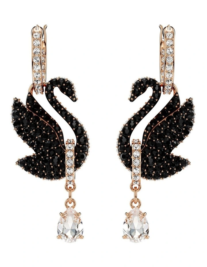 Iconic Swan Rose Gold Tone Plated Drop Earrings in Black