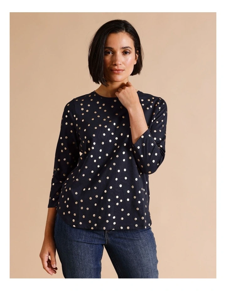 Organic Cotton Wardrobe Staple 3/4 Sleeve Tee In Navy With Gold Spot Foil