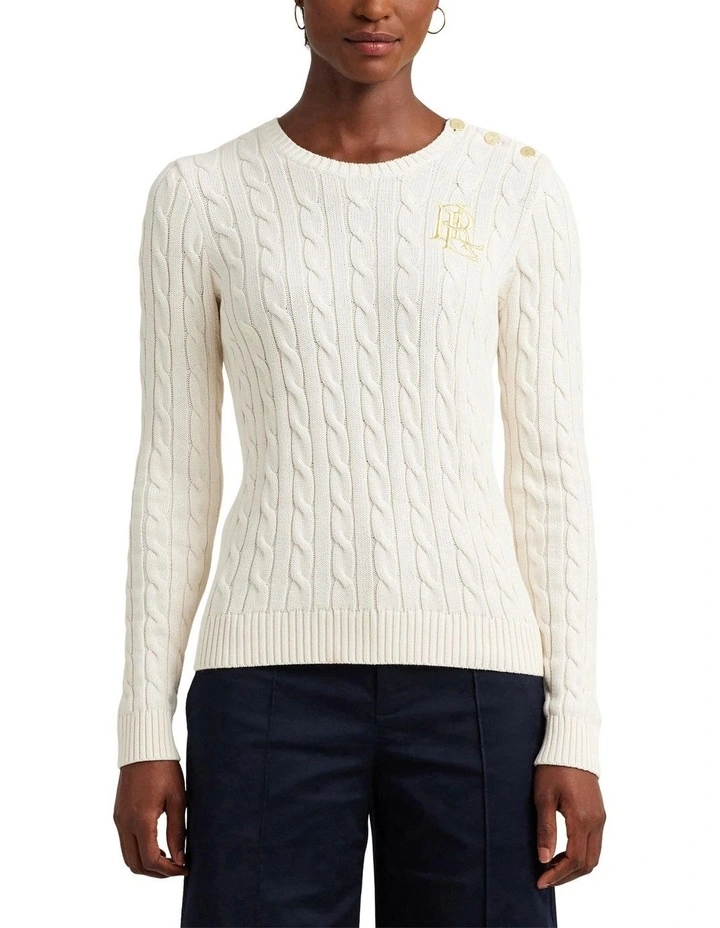 Button-Trim Cable-Knit Cotton Sweater in Natural