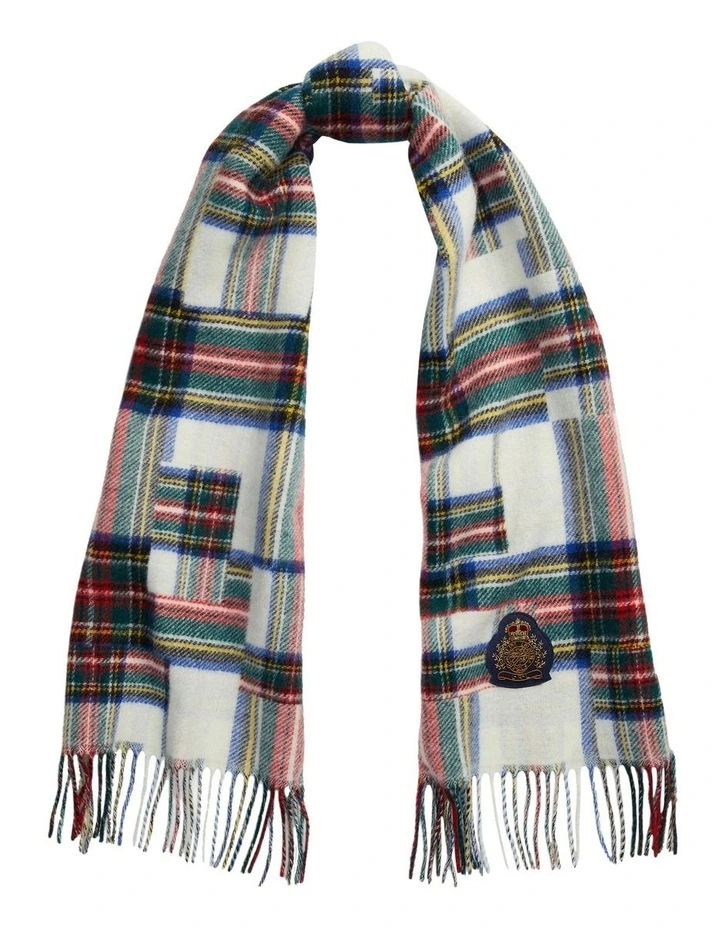 Mixed-Plaid Crest-Patch Wool-Blend Scarf in Natural