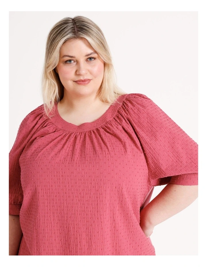 Organic Cotton Puff Short Sleeve Woven Front Tee With Knit Back in Rose