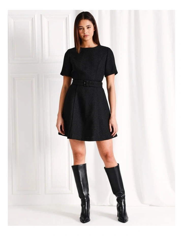 Boucle Belted Fit And Flare Mini Dress in Black