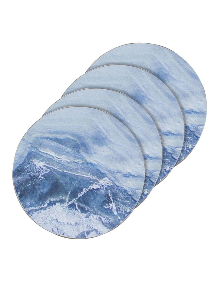 Round Marble Hardboard Coaster 4 Pack in Blue