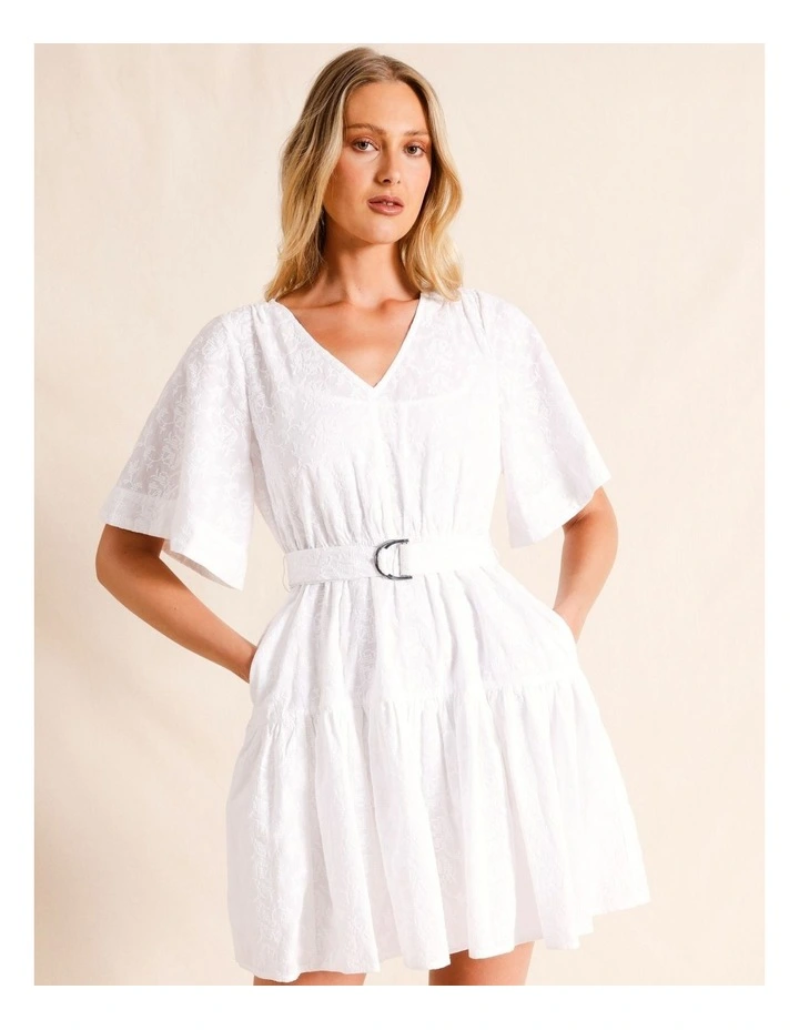 Flutter Sleeve Cross Stitch Mini Dress in White