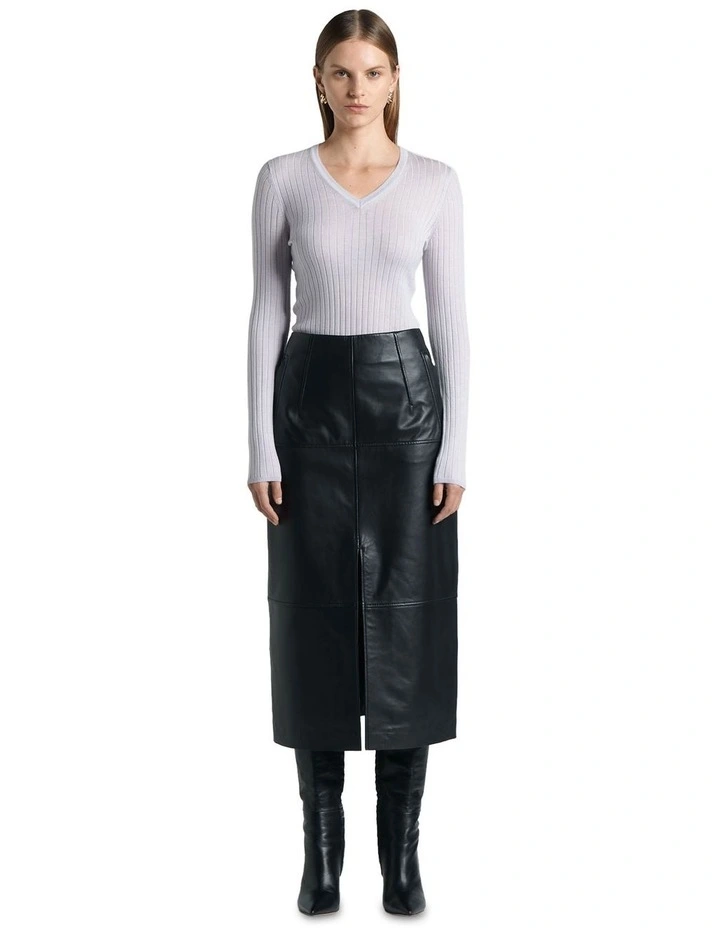 Merino Wool V-Neck Ribbed Knit in Silver