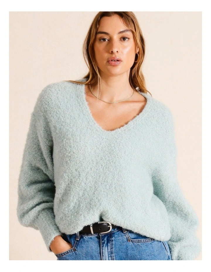 V-Neck Boucle Jumper in Dusty Blue